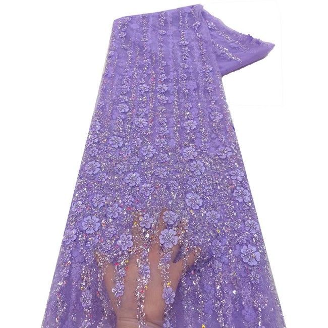 5 Yards Colorful Sequins Pearls Beaded Embroidered 3D Floral Lace Material Fabric For Dresses NA013
