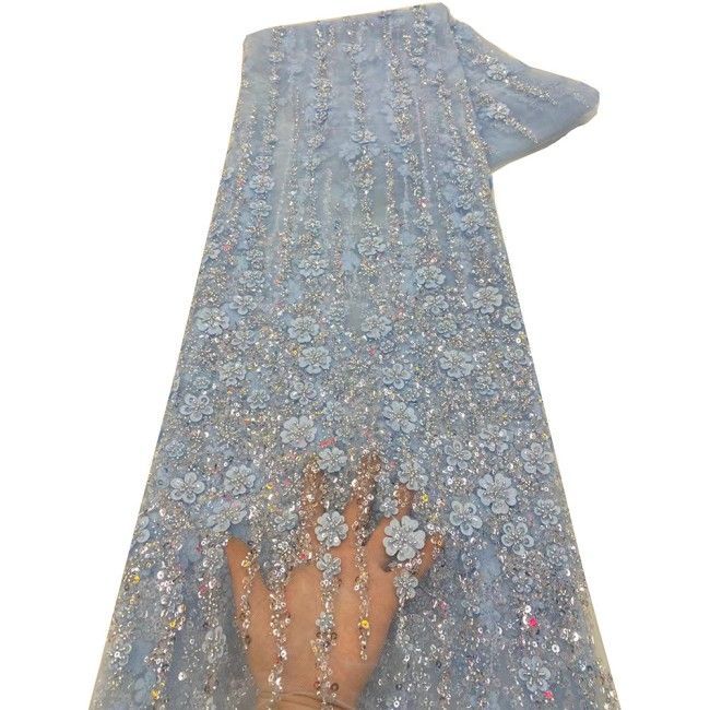 5 Yards Colorful Sequins Pearls Beaded Embroidered 3D Floral Lace Material Fabric For Dresses NA013