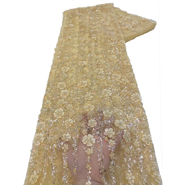 5 Yards Colorful Sequins Pearls Beaded Embroidered 3D Floral Lace Material Fabric For Dresses NA013