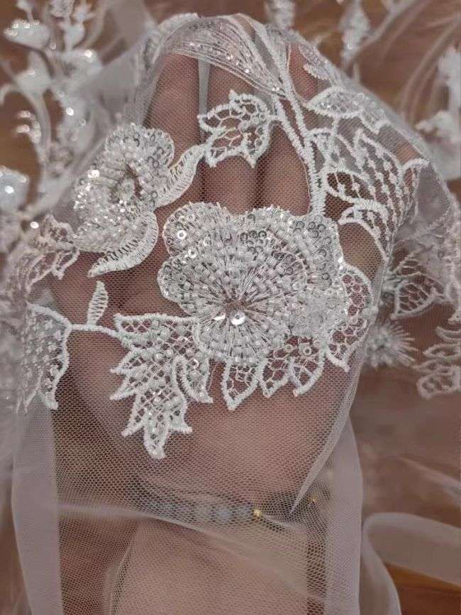 1 Yard Beaded Embroidered Bridal Lace Material Fabric For Dresses