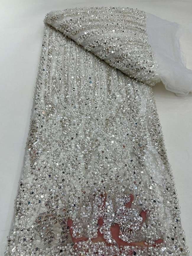 5 Yards Colorful Sequins Pearls Beaded Embroidered 3D Floral Lace Material Fabric For Dresses ML013