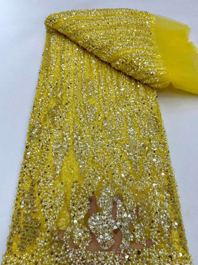 5 Yards Colorful Sequins Pearls Beaded Embroidered 3D Floral Lace Material Fabric For Dresses ML013