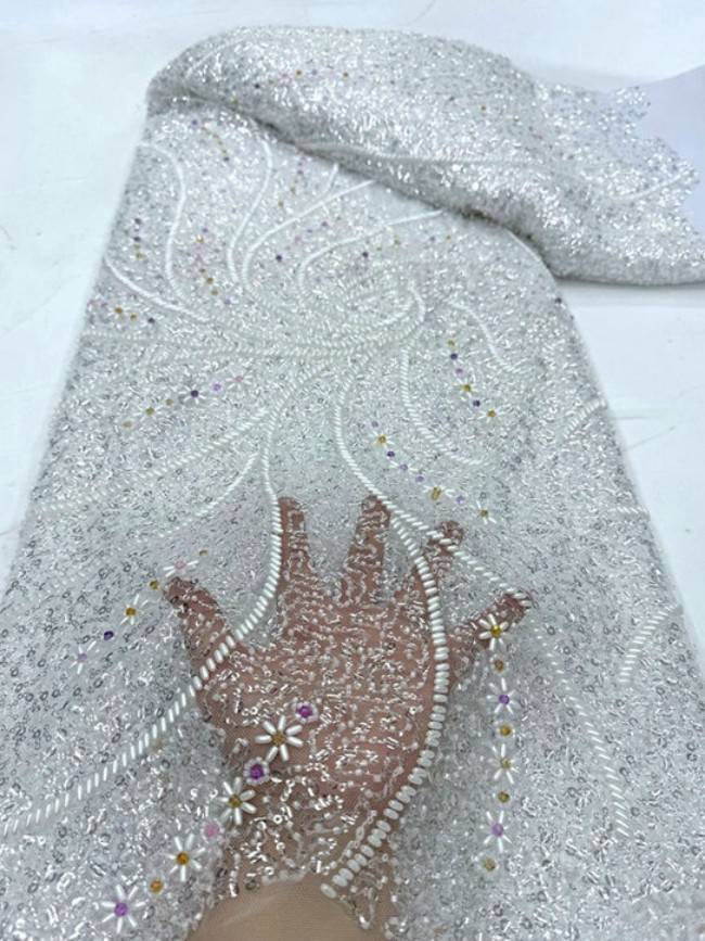 5 Yards Colorful Sequins Pearls Beaded Embroidered 3D Floral Lace Material Fabric For Dresses ML023
