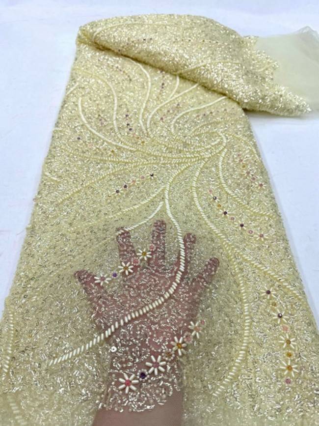 5 Yards Colorful Sequins Pearls Beaded Embroidered 3D Floral Lace Material Fabric For Dresses ML023