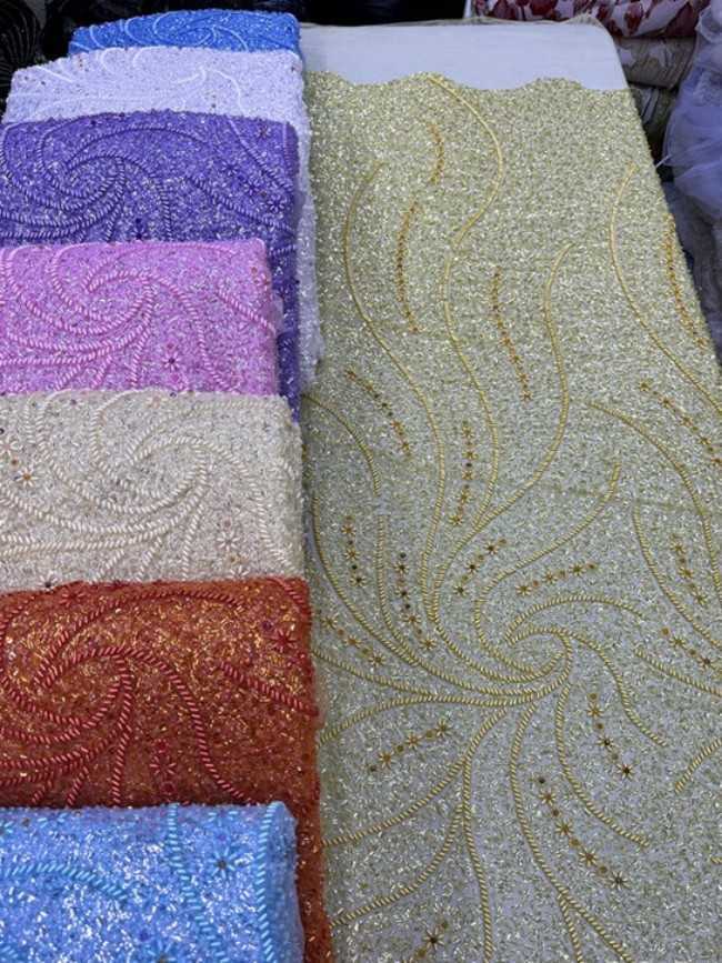 5 Yards Colorful Sequins Pearls Beaded Embroidered 3D Floral Lace Material Fabric For Dresses ML023