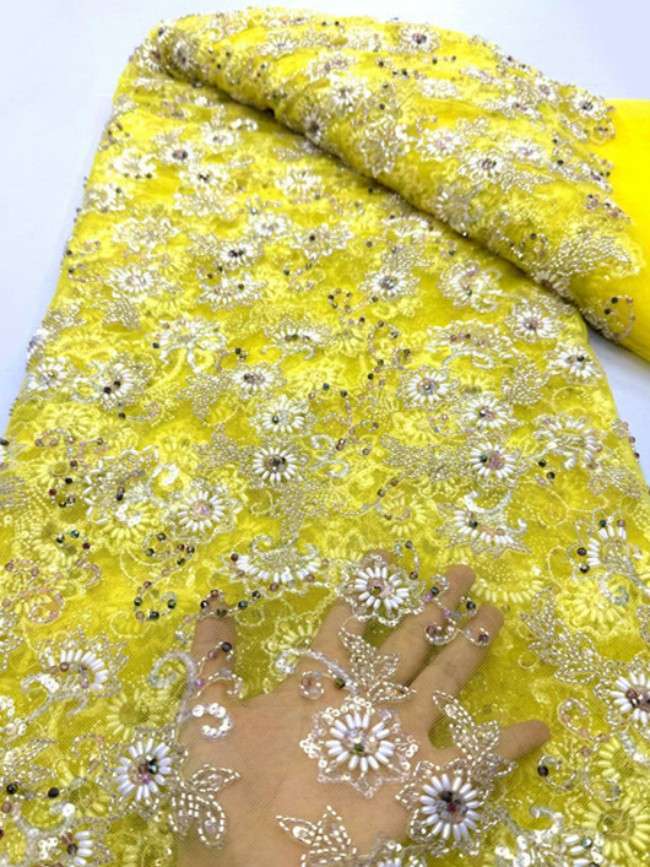 5 Yards Colorful Sequins Pearls Beaded Embroidered 3D Floral Lace Material Fabric For Dresses ML030