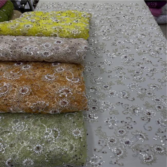 5 Yards Colorful Sequins Pearls Beaded Embroidered 3D Floral Lace Material Fabric For Dresses ML030