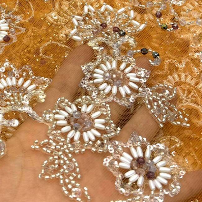 5 Yards Colorful Sequins Pearls Beaded Embroidered 3D Floral Lace Material Fabric For Dresses ML030