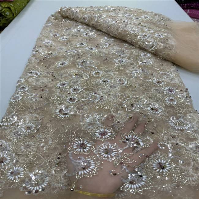 5 Yards Colorful Sequins Pearls Beaded Embroidered 3D Floral Lace Material Fabric For Dresses ML030