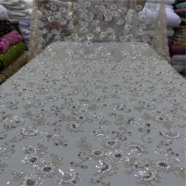 5 Yards Colorful Sequins Pearls Beaded Embroidered 3D Floral Lace Material Fabric For Dresses ML030