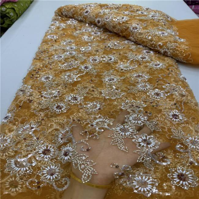 5 Yards Colorful Sequins Pearls Beaded Embroidered 3D Floral Lace Material Fabric For Dresses ML030