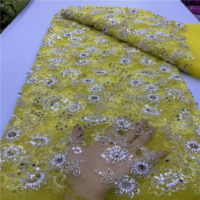 5 Yards Colorful Sequins Pearls Beaded Embroidered 3D Floral Lace Material Fabric For Dresses ML030