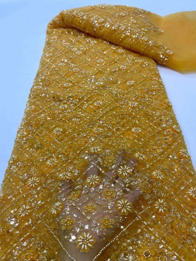 5 Yards Colorful Sequins Pearls Beaded Embroidered 3D Floral Lace Material Fabric For Dresses ML031