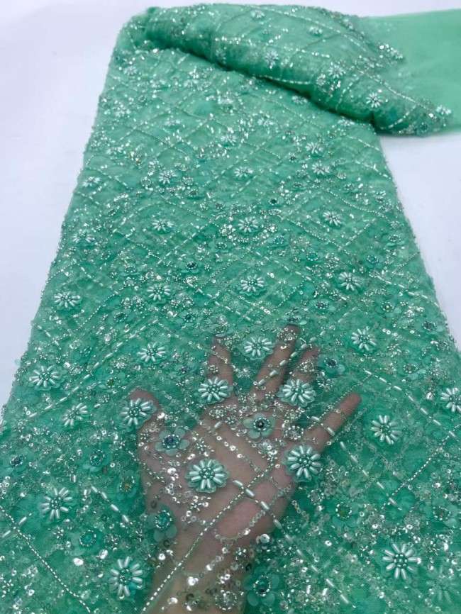 5 Yards Colorful Sequins Pearls Beaded Embroidered 3D Floral Lace Material Fabric For Dresses ML031