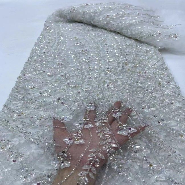 5 Yards Colorful Sequins Pearls Beaded Embroidered 3D Floral Lace Material Fabric For Dresses ML032