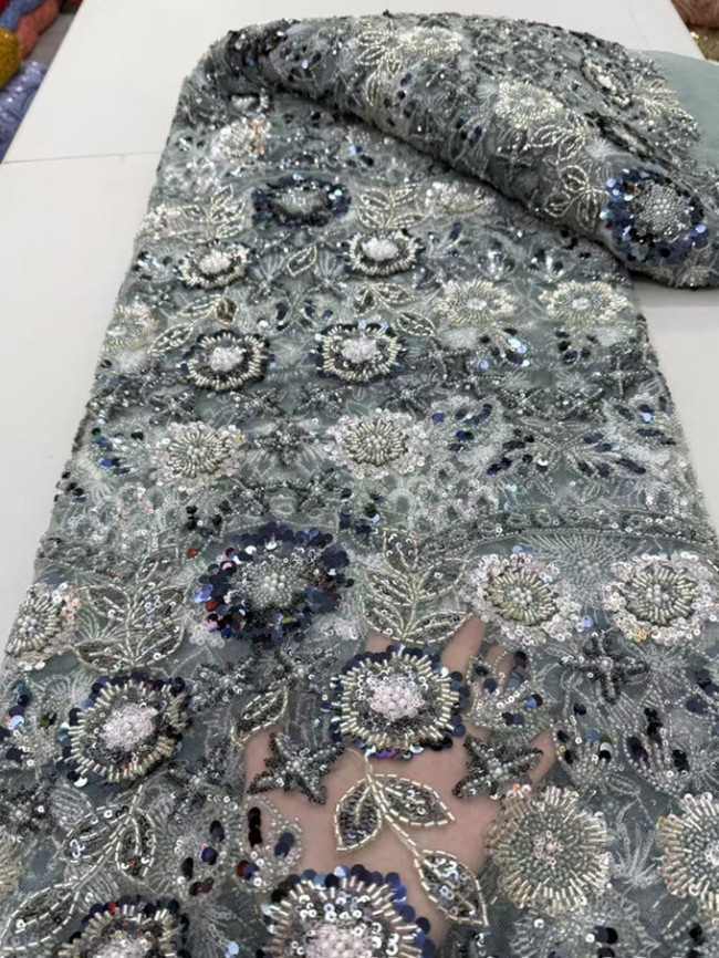 5 Yards Colorful Sequins Pearls Beaded Embroidered 3D Floral Lace Material Fabric For Dresses ML007