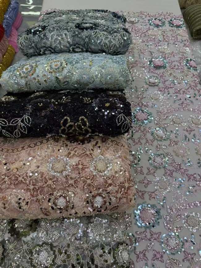 5 Yards Colorful Sequins Pearls Beaded Embroidered 3D Floral Lace Material Fabric For Dresses ML007
