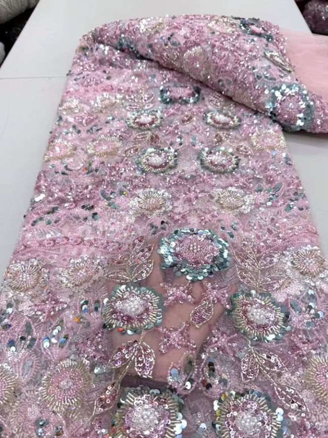 5 Yards Colorful Sequins Pearls Beaded Embroidered 3D Floral Lace Material Fabric For Dresses ML007