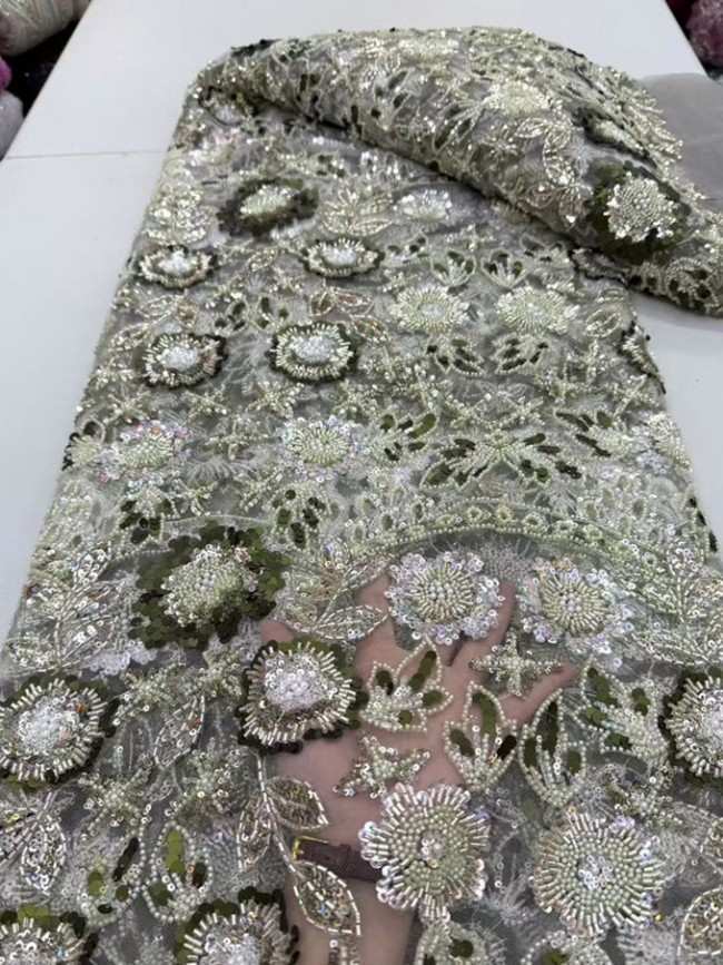 5 Yards Colorful Sequins Pearls Beaded Embroidered 3D Floral Lace Material Fabric For Dresses ML007