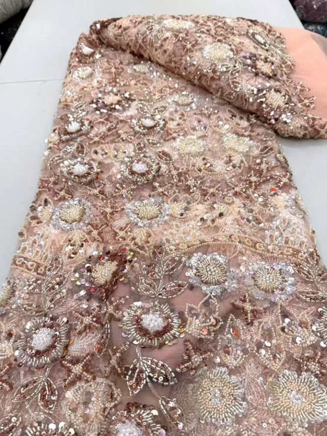 5 Yards Colorful Sequins Pearls Beaded Embroidered 3D Floral Lace Material Fabric For Dresses ML007