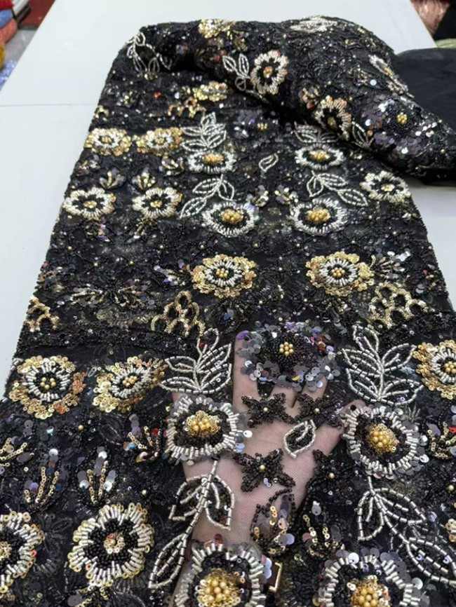 5 Yards Colorful Sequins Pearls Beaded Embroidered 3D Floral Lace Material Fabric For Dresses ML007