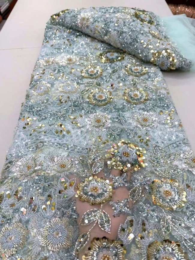 5 Yards Colorful Sequins Pearls Beaded Embroidered 3D Floral Lace Material Fabric For Dresses ML007