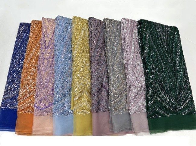 5 Yards Colorful Sequins Pearls Beaded Embroidered 3D Floral Lace Material Fabric For Dresses ML009