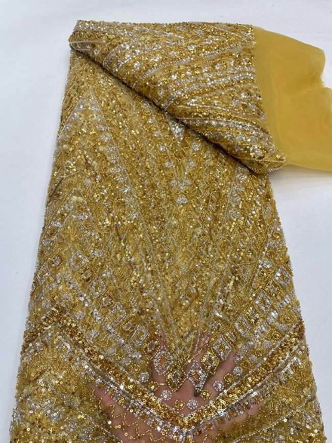 5 Yards Colorful Sequins Pearls Beaded Embroidered 3D Floral Lace Material Fabric For Dresses ML009