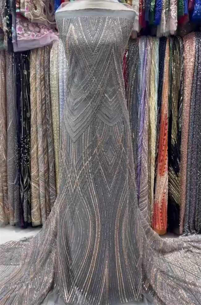 5 Yards Colorful Sequins Pearls Beaded Embroidered 3D Floral Lace Material Fabric For Dresses ML010