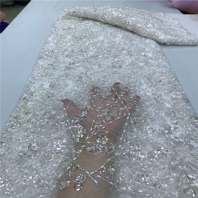 5 Yards Pearls Beaded Lace Material Fabric For Dresses