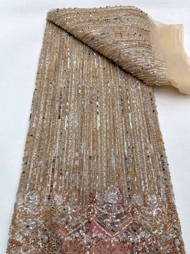 5 Yards Colorful Sequins Pearls Beaded Embroidered 3D Floral Lace Material Fabric For Dresses ML020