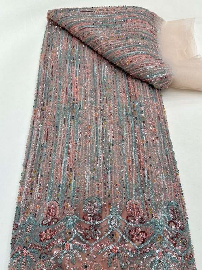 5 Yards Colorful Sequins Pearls Beaded Embroidered 3D Floral Lace Material Fabric For Dresses ML020