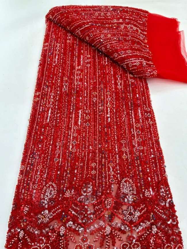 5 Yards Colorful Sequins Pearls Beaded Embroidered 3D Floral Lace Material Fabric For Dresses ML020