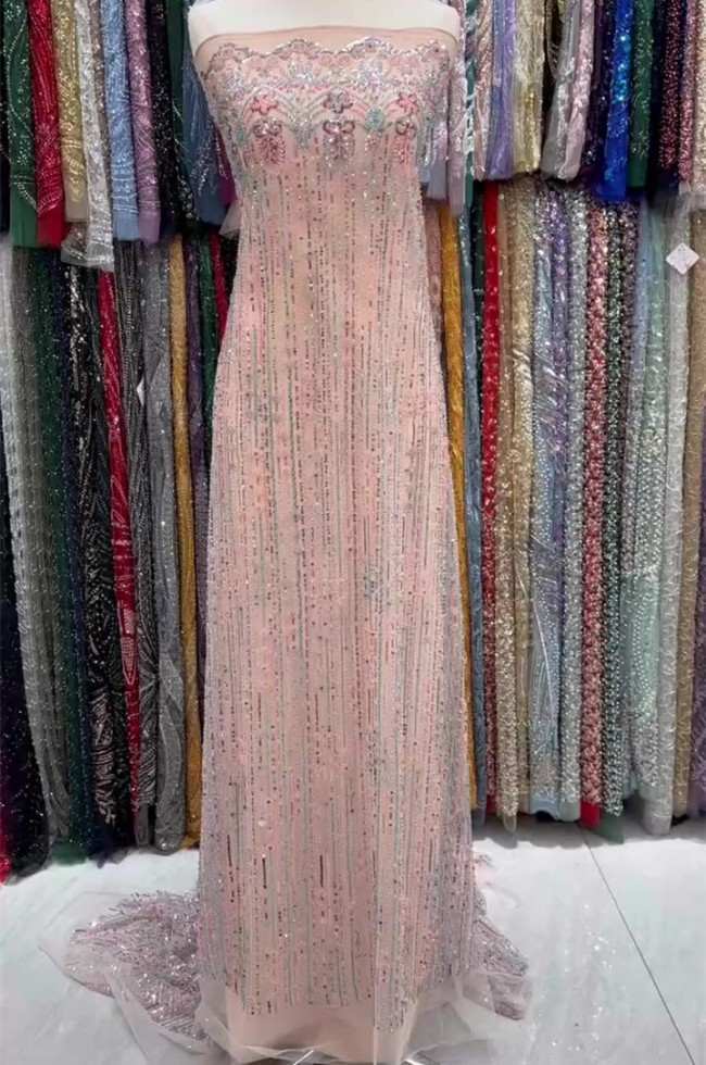 5 Yards Colorful Sequins Pearls Beaded Embroidered 3D Floral Lace Material Fabric For Dresses ML020