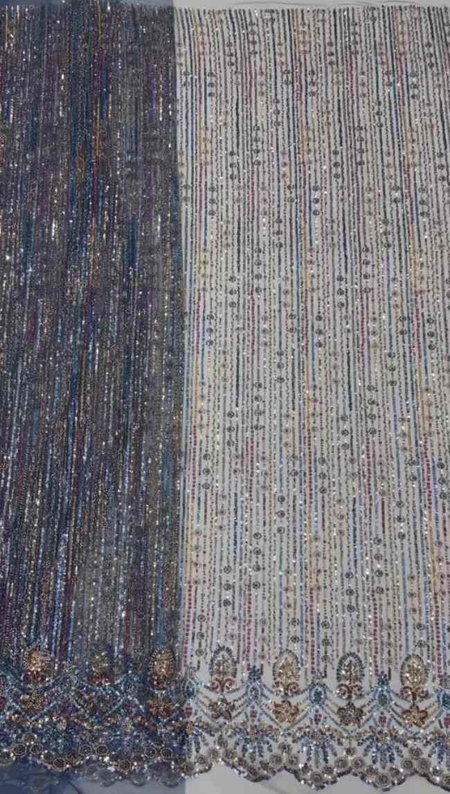 5 Yards Colorful Sequins Pearls Beaded Embroidered 3D Floral Lace Material Fabric For Dresses ML020