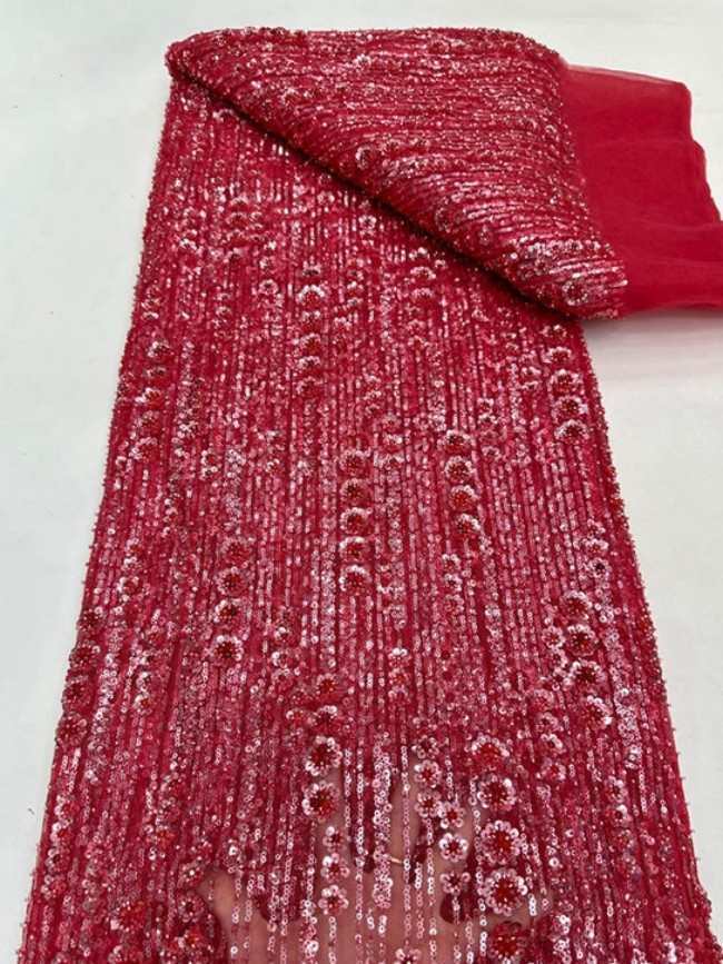 5 Yards Colorful Sequins Pearls Beaded Embroidered 3D Floral Lace Material Fabric For Dresses ML025