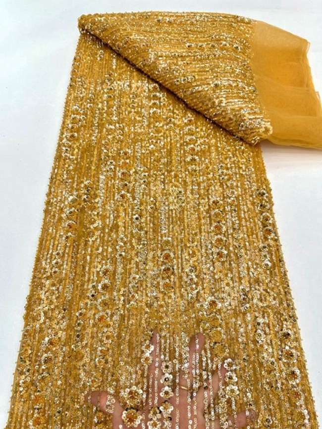 5 Yards Colorful Sequins Pearls Beaded Embroidered 3D Floral Lace Material Fabric For Dresses ML025