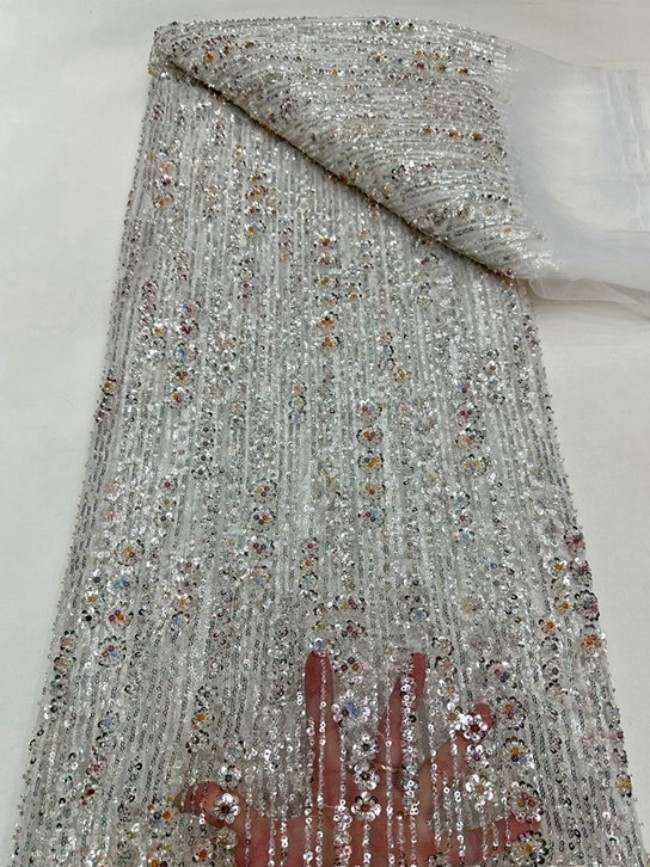 5 Yards Colorful Sequins Pearls Beaded Embroidered 3D Floral Lace Material Fabric For Dresses ML025