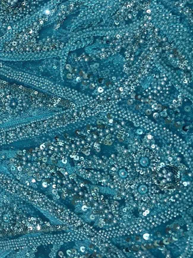 5 Yards Colorful Sequins Pearls Beaded Embroidered 3D Floral Lace Material Fabric For Dresses ML026
