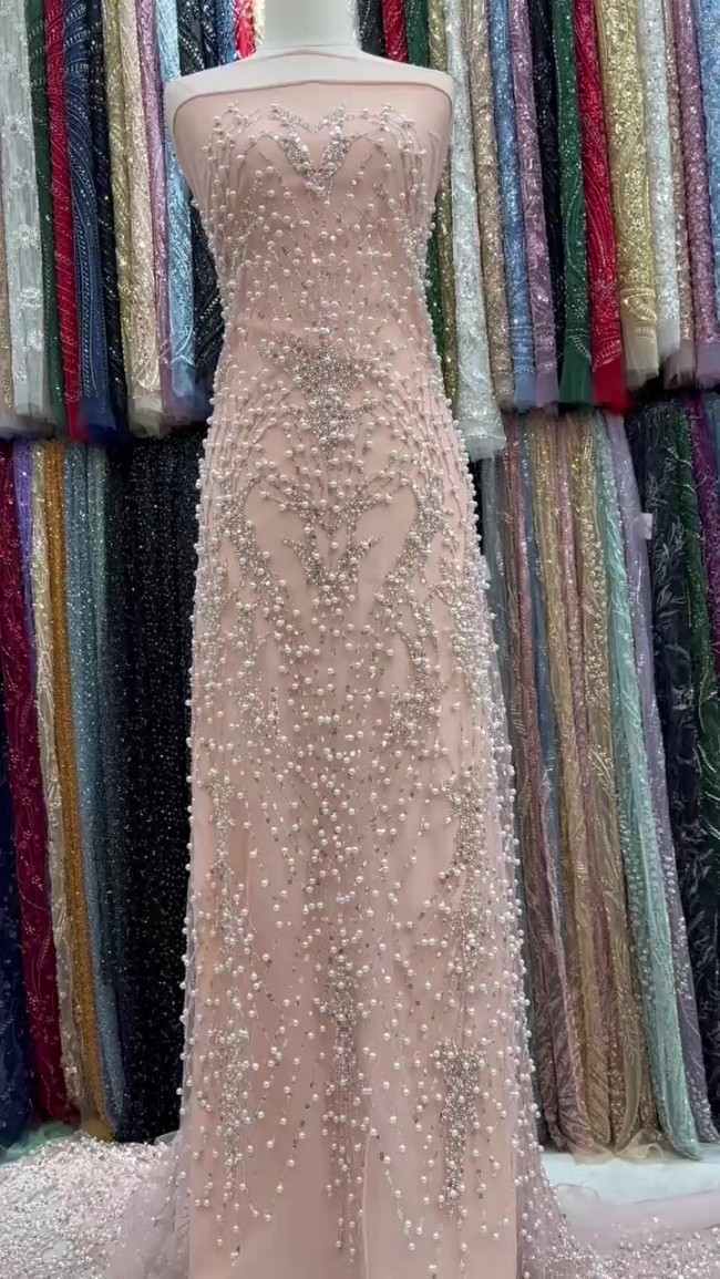 5 Yards Colorful Sequins Pearls Beaded Embroidered 3D Floral Lace Material Fabric For Dresses ML028