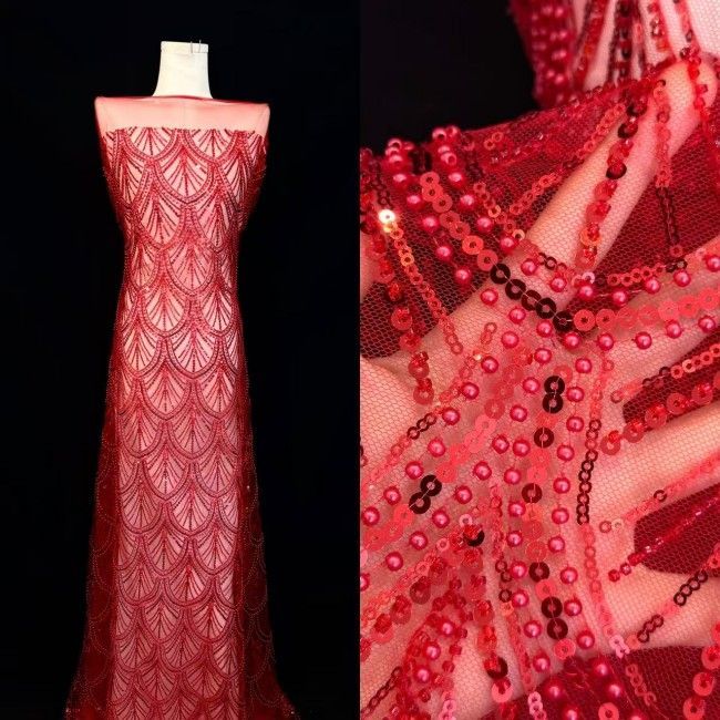 5 Yards Colorful Sequins Pearls Beaded Embroidered 3D Floral Lace Material Fabric For Dresses HN115
