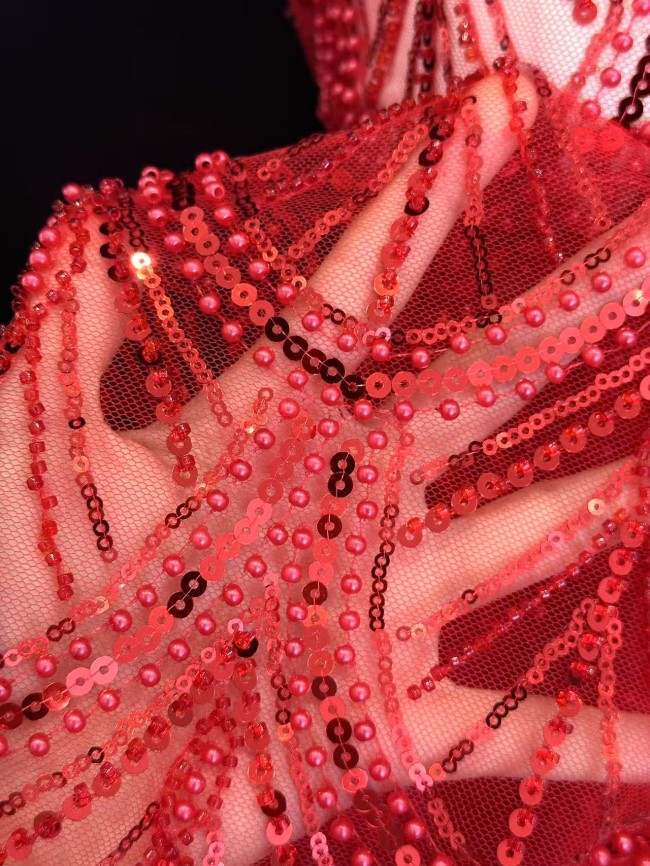 5 Yards Colorful Sequins Pearls Beaded Embroidered 3D Floral Lace Material Fabric For Dresses HN115