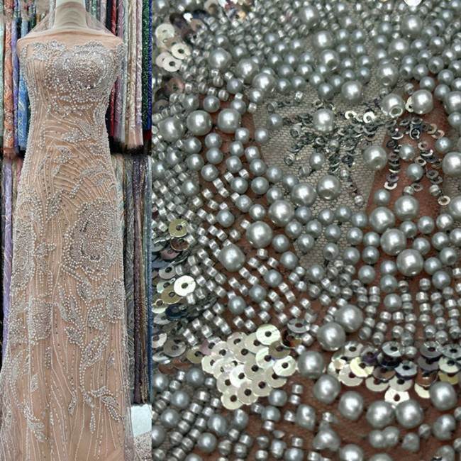 5 Yards Luxury Heavy Pearls Beaded Lace Material Fabric For Dresses