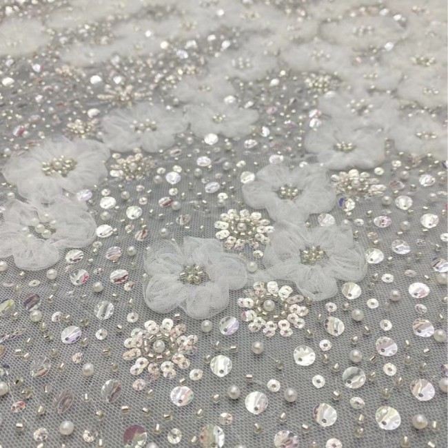 5 Yards Colorful Sequins Pearls Beaded Embroidered 3D Floral Lace Material Fabric For Dresses ZT075