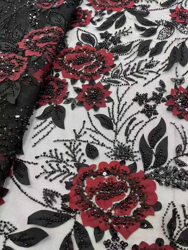 5 Yards Colorful Sequins Pearls Beaded Embroidered 3D Floral Lace Material Fabric For Dresses ZT088