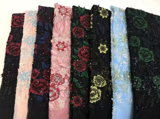 5 Yards Colorful Sequins Pearls Beaded Embroidered 3D Floral Lace Material Fabric For Dresses ZT088