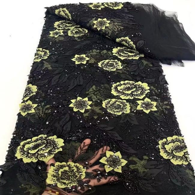 5 Yards Colorful Sequins Pearls Beaded Embroidered 3D Floral Lace Material Fabric For Dresses ZT088
