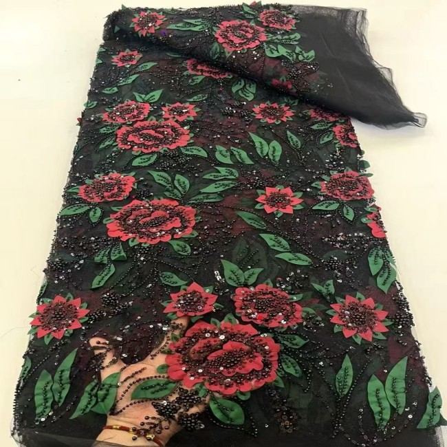 5 Yards Colorful Sequins Pearls Beaded Embroidered 3D Floral Lace Material Fabric For Dresses ZT088