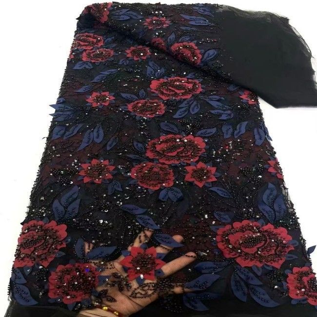 5 Yards Colorful Sequins Pearls Beaded Embroidered 3D Floral Lace Material Fabric For Dresses ZT088