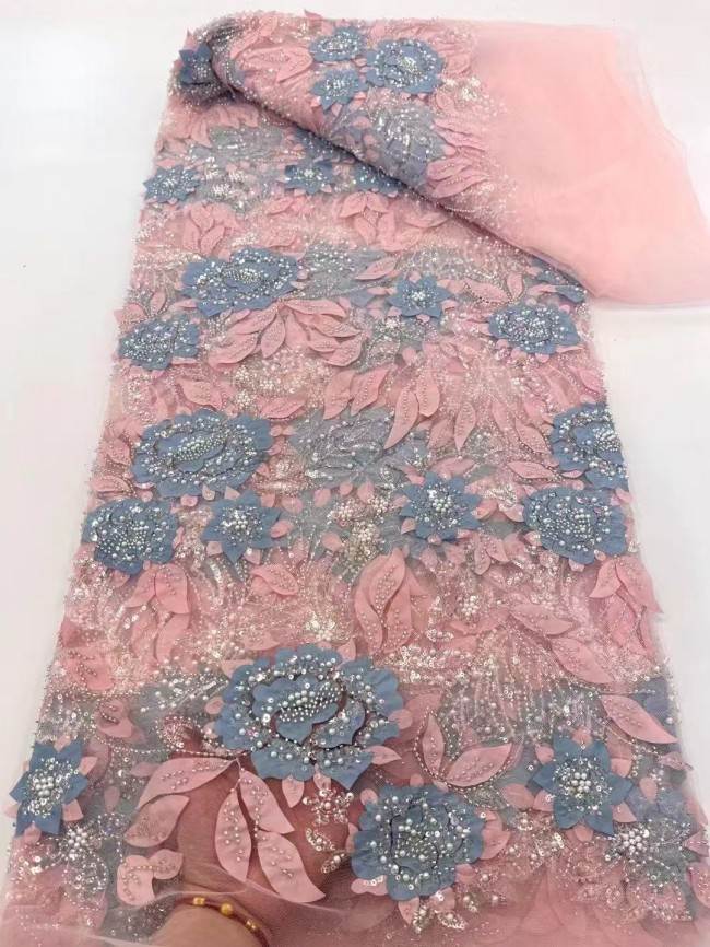 5 Yards Colorful Sequins Pearls Beaded Embroidered 3D Floral Lace Material Fabric For Dresses ZT088